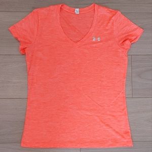 Under Armour Heat Gear Womens Loose Neon Orange Athletic T Shirt Top V-Neck